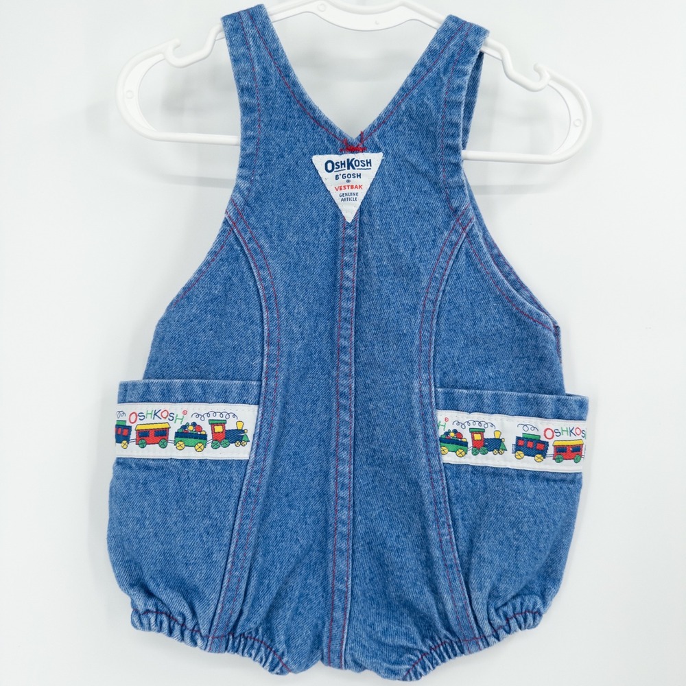 Vintage 90s OshKosh B'gosh Denim Bubble Overalls Baby 12M Train Vestbak Romper - Picture 5 of 10